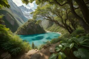 AI generated Beautiful lake in the mountains. generative ai photo
