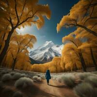 AI generated Woman walking in the autumn forest. generative ai photo