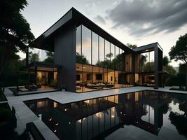 AI generated modern cozy house with pool and parking for sale or rent in luxurious style and beautiful landscaping on background. Clear summer evening with golden sunlight. generative ai photo