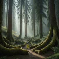 AI generated Woman in a yellow raincoat walking through the forest with fog. generative ai photo