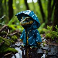 AI generated Frog in raincoat and raincoat standing on mossy ground. generative ai photo