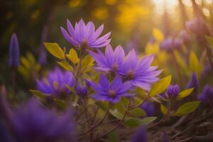 ai generado púrpura flores en el bosque a puesta de sol. hermosa naturaleza antecedentes. generativo ai foto