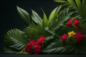 AI generated Beautiful tropical flowers and palm leaves on black background, closeup. generative ai photo