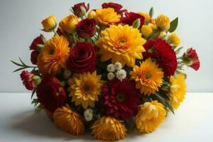 AI generated Bouquet of red and yellow flowers on a white background. generative ai photo