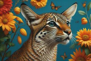 AI generated Digital painting of a wild cat with orange flowers and butterflies on blue background. ai generated photo