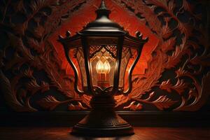 AI generated Lantern on a wooden table and a dark background. ai generative photo