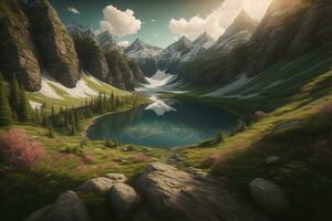 AI generated Beautiful fantasy landscape with a river in the mountains. ai generative photo