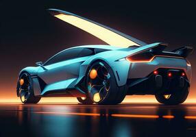 AI generated Futuristic black sports car in neon light. ai generative photo