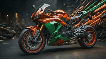 AI generated Orange and Green Motorcycle. generative ai photo