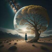 AI generated Woman in the desert with a big tree. generative ai photo