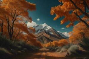 AI generated Mountain landscape with autumn trees and road. generative ai photo