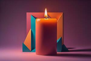 AI generated Burning aroma candle on wooden table against solid color background, copyspace. ai generative photo