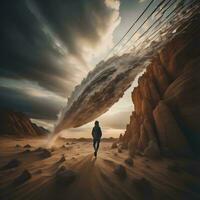 ai generado mujer caminando en el Desierto con tormenta nubes generativo ai foto