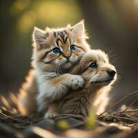 AI generated Cute Maine Coon kitten playing with his mother in the forest. generative ai photo