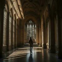 ai generado hermosa niña en un Saco en el interior de el Universidad de cambridge. generativo ai foto