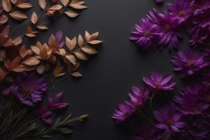 AI generated Purple flowers on black background. Floral pattern. Flat lay, top view. generative ai photo