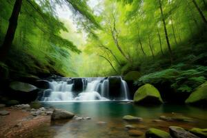 ai generado cascada en profundo bosque. generativo ai foto