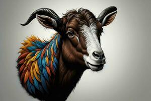 AI generated Goat head with colorful feathers on a gray background. Vector illustration. ai generated photo