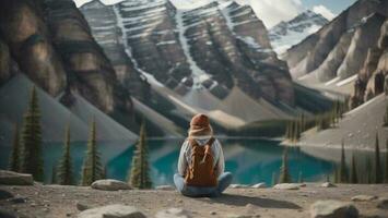 AI generated Young woman sitting on edge of cliff and looking at turquoise lake. generative ai photo