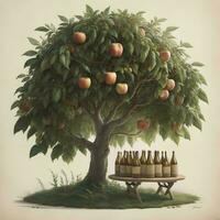AI generated Apple tree with bottles of cider in the garden. generative ai photo