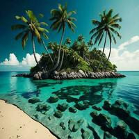 AI generated Beautiful tropical island with palm trees and turquoise ocean water. generative ai photo