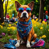 AI generated American Staffordshire Terrier dog wearing a colorful scarf in the park. generative ai photo