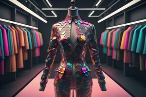 ai generado futurista Moda maniquí en el almacenar. ai generativo foto