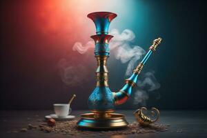 AI generated Arabic hookah with hot coals and smoke on dark background. generative ai photo