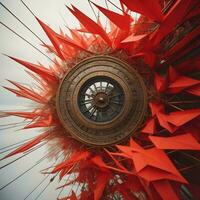 AI generated Astronomical clock in the shape of a planet with red origami. generative ai photo