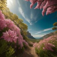 AI generated Fantasy landscape with pink flowers and blue sky. generative ai photo