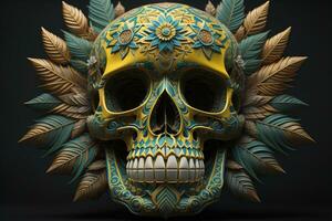 AI generated golden skull with feathers on a black background. generative ai photo