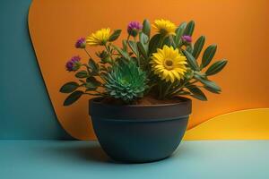 AI generated Flowers in a pot on a solid color background. ai generative photo