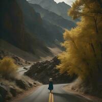 AI generated Woman walking on the road in the mountains. generative ai photo