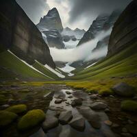 ai generado brumoso paisaje en torres del paine nacional parque, generativo ai foto