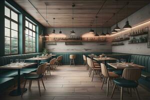 ai generado interior de un moderno café con azul paredes y de madera piso. ai generativo foto
