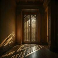 AI generated an old room with a window and wooden floor. generative ai photo