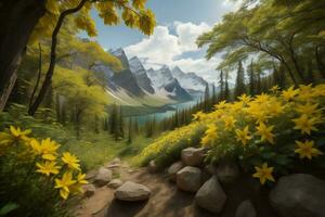 AI generated Beautiful landscape with mountains, lake and yellow flowers. generative ai photo