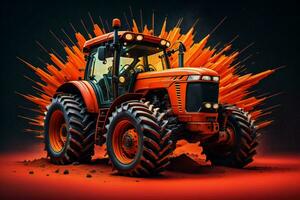 AI generated Orange tractor with big wheels on a dark background. generative ai photo