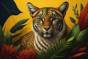 AI generated Tiger and tropical leaves on yellow background, generative ai photo