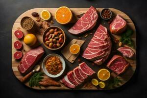 ai generado carne productos en un de madera tablero. crudo carne de res, pastel de carne, jamón, tocino, especias, vegetales y frutas parte superior vista. generativo ai foto