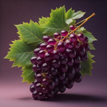 ai generado manojo de Fresco uvas con verde hojas en un púrpura antecedentes. generativo ai foto