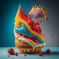 AI generated Birthday cupcake with red, blue and yellow icing on blue background. generative ai photo