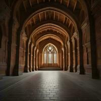 ai generado interior de un Iglesia con de madera arcos y grande ventanas ai generado foto