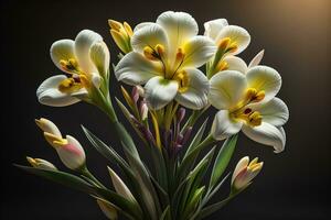 ai generado ramo de flores de azafrán y tulipanes en sólido color antecedentes. ai generativo foto
