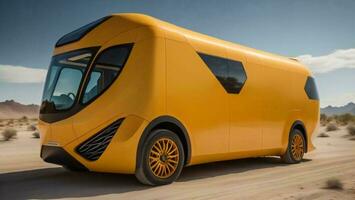 AI generated Yellow camper van in the middle of the desert. generative ai photo