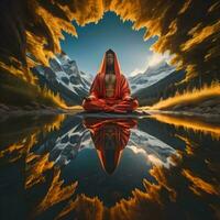 AI generated A man in a red robe meditating in front of a mountain lake. generative ai photo