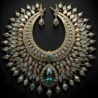 AI generated Illustration of a gold necklace with precious stones on a black background. generative ai photo
