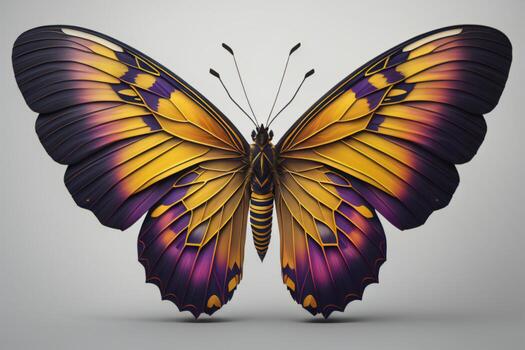 ai generado mariposa con vistoso alas en un gris antecedentes. generativo ai foto
