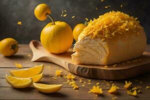 AI generated Lemon cake with orange zest on wooden board, selective focus. generative ai photo