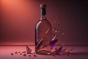 AI generated Bottle of wine with broken glass on pink background. generative ai photo